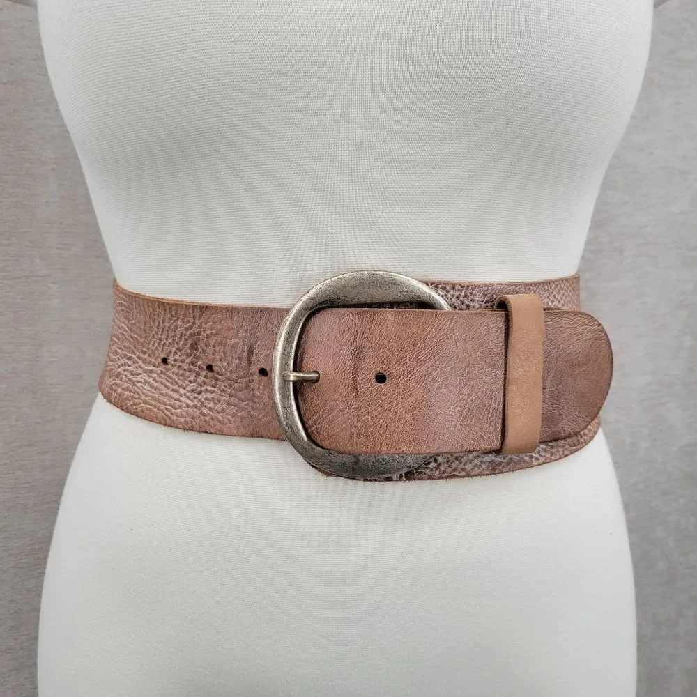 Classic Wide Brown Leather Belt with Antiqued Buckle